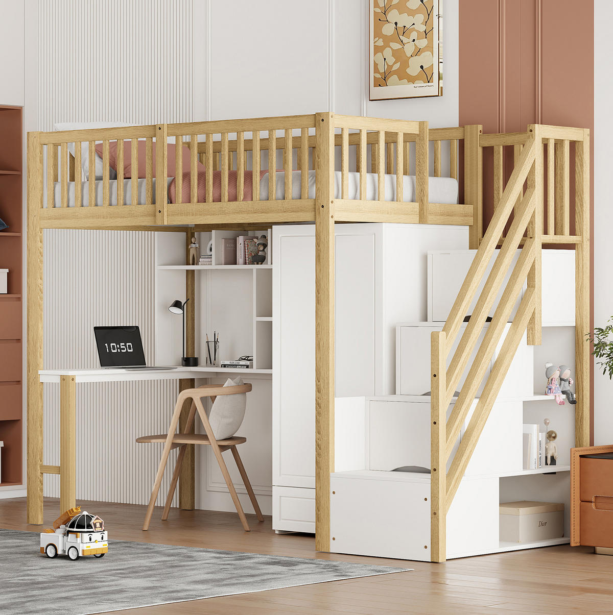 HOCHBETT 90x200 cm Weiß/Naturholz mit Kleiderschrank, Tisch, Regal und Treppe mit Schubladen - Naturfarben, Holzwerkstoff (90/200cm) - Modfu