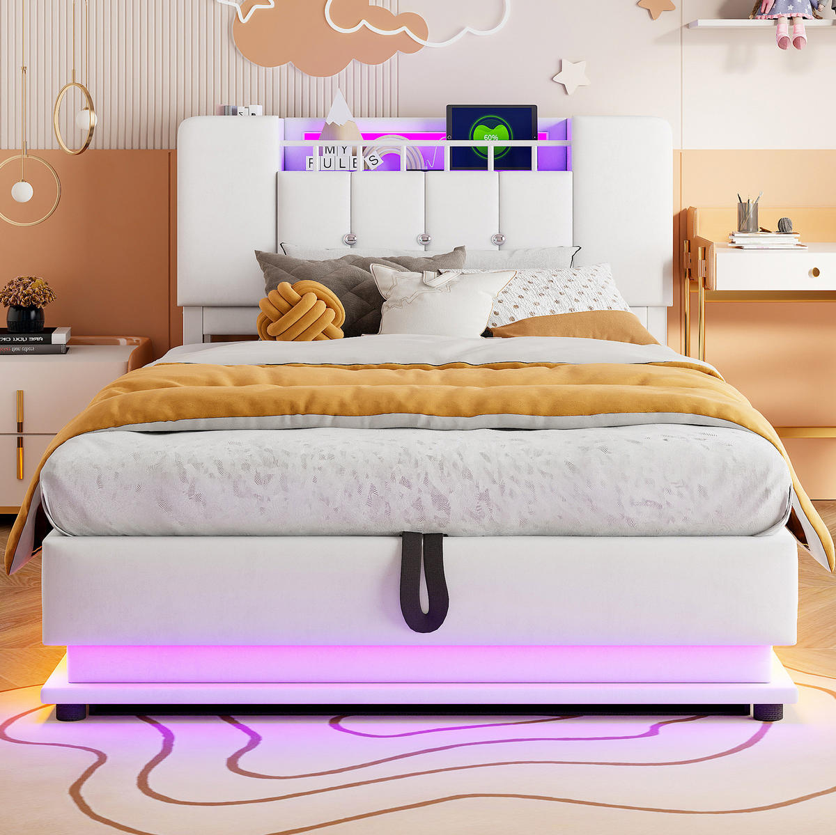 POLSTERBETT 90/200 cm Beige mit Stauraum mit LED-Beleuchtung und USB- und Type-C-Anschlüssen Samtbezug - Beige, Textil (90/200cm) - OKWISH