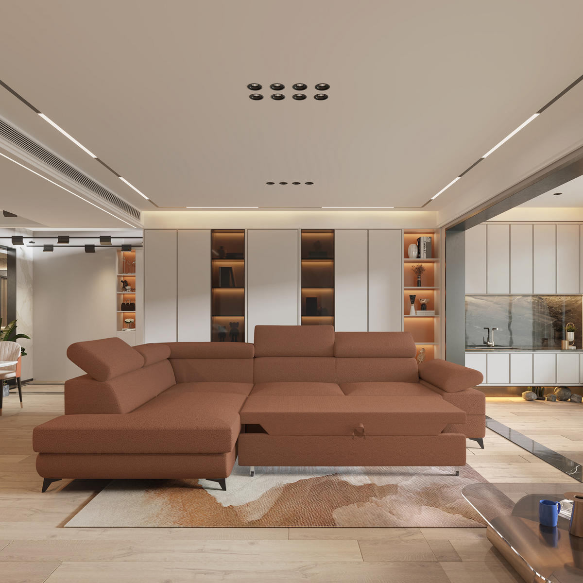 ECKSOFA FAVIEN L-S Kupferfarben Boucle-Stoff mit Schlaffunktion - Kupferfarben, Holz (257/190cm) - MASSENO