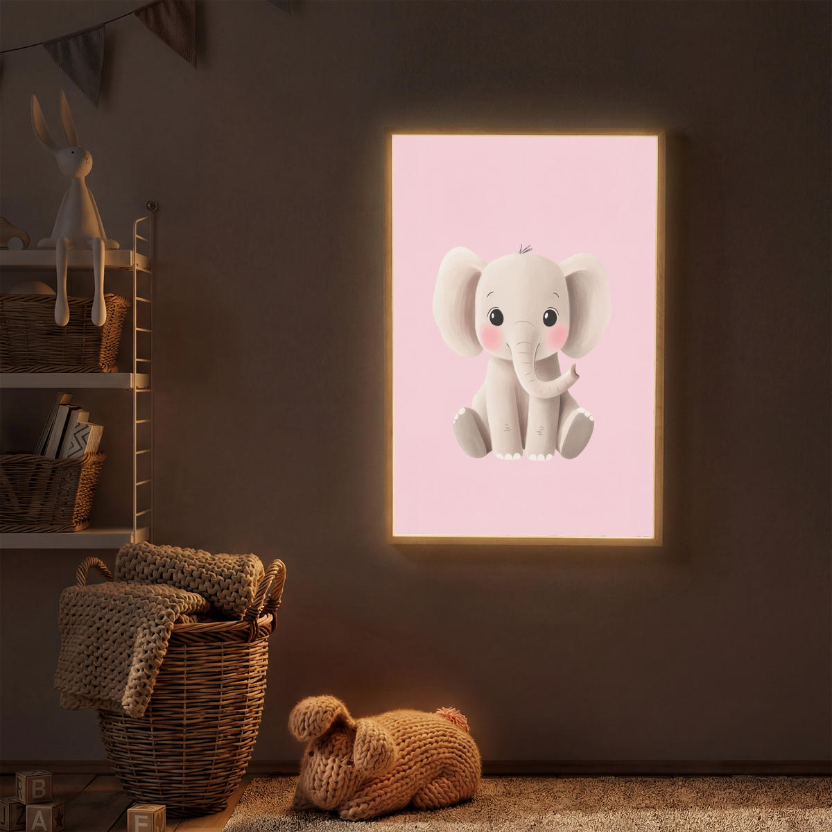 NÁSTĚNNÁ LAMPA S AKUMULÁTOREM Slon - Dítě - Růžová - Kreslený film 60x90 cm - světle růžová, kompozitní dřevo (60/90/8cm) - OnlyWow