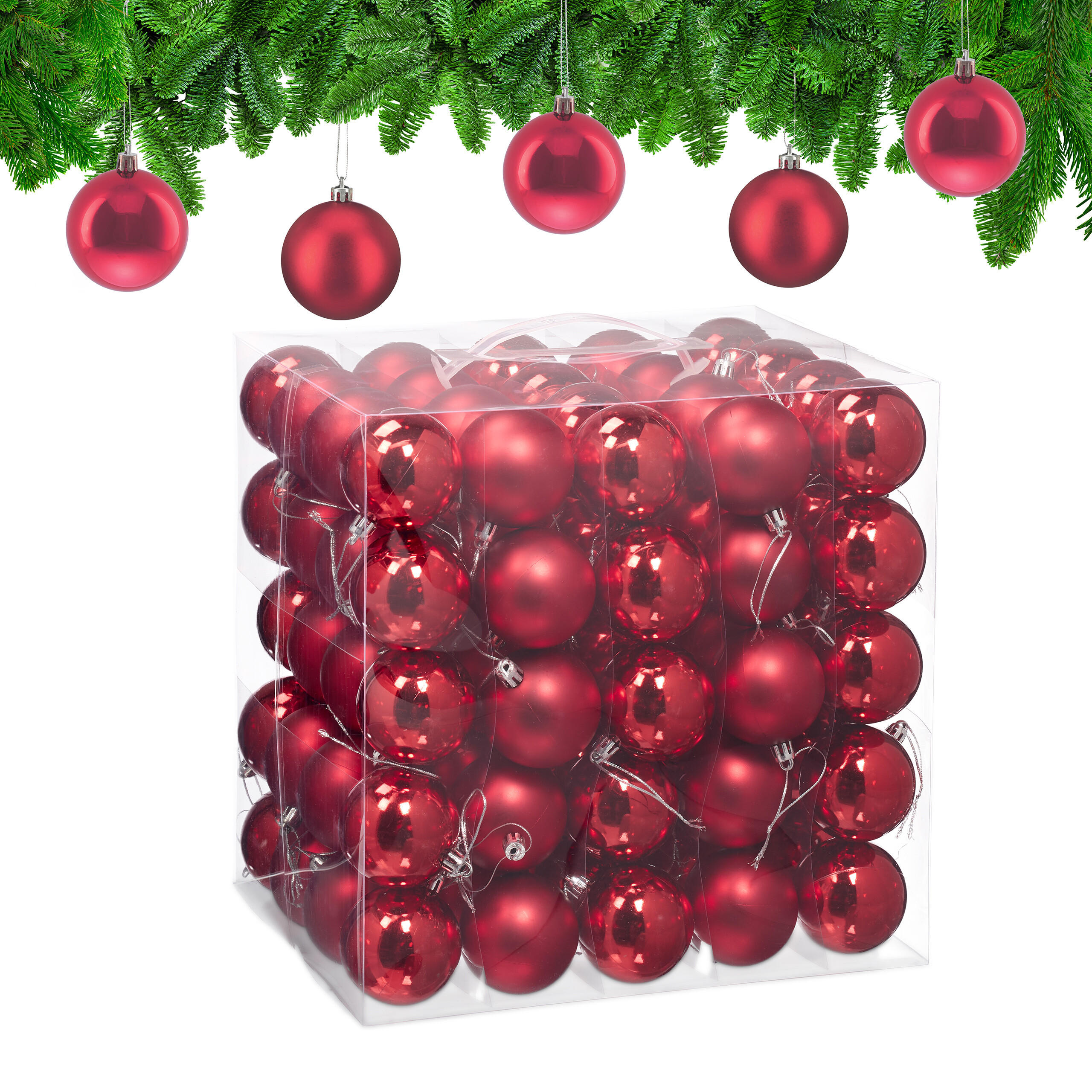 100XWEIHNACHTSKUGELN - Rot, Kunststoff (6/7/6cm) - Relaxdays
