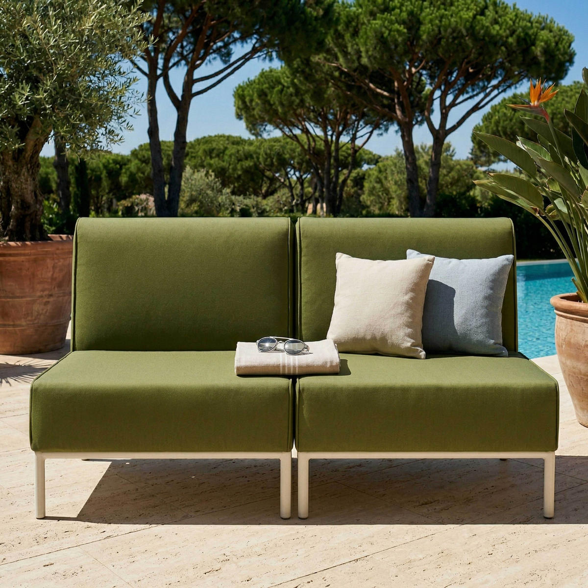 GARTENSOFA mit 2 Sitzplätzen, Khakigrün - Grün, Textil (80/78/144cm) - Oviala