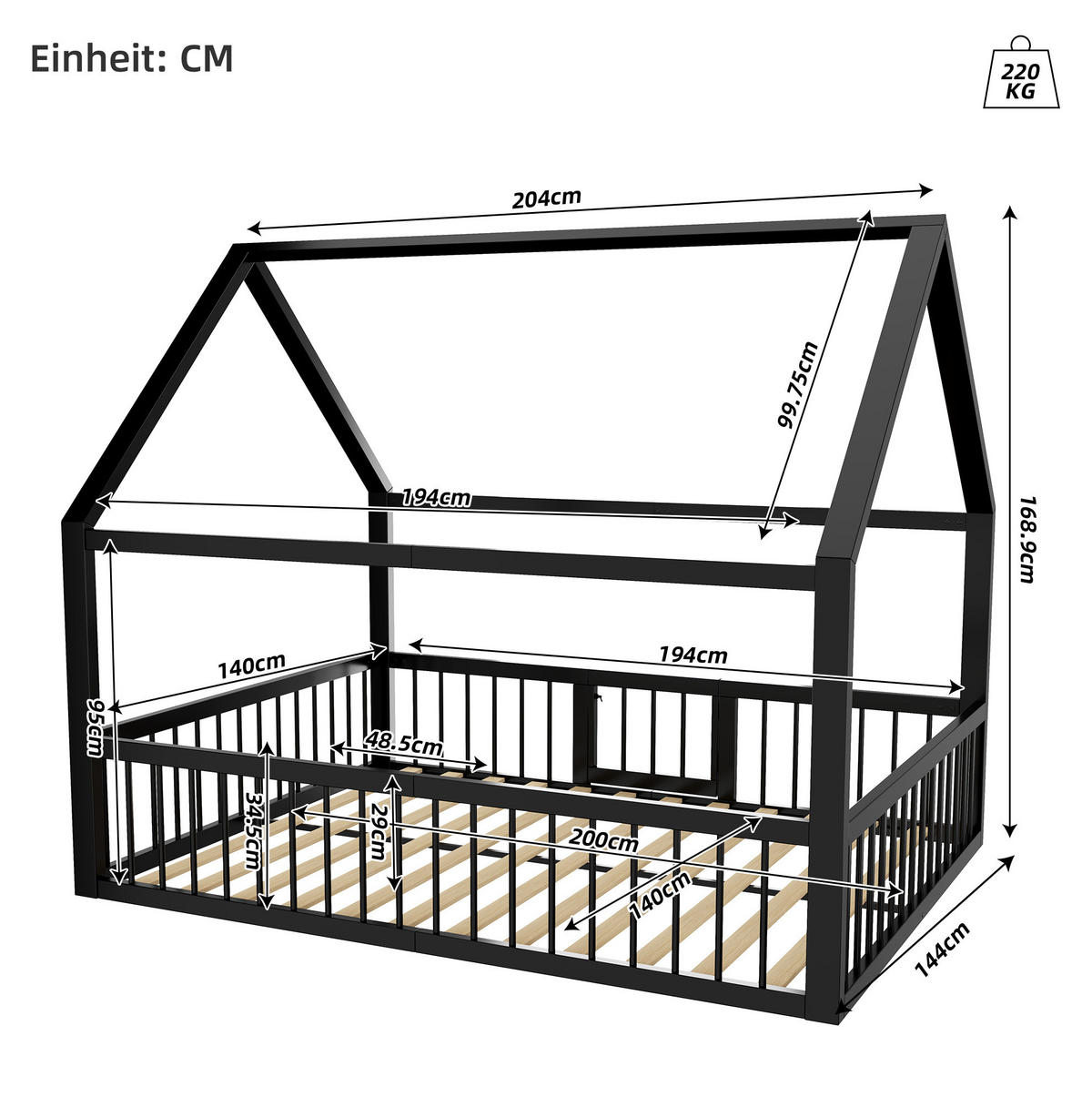 HAUSBETT aus Metall 140x200 cm Schwarz mit Dachdesign, Sicherheitsgeländer und Tür - Schwarz, Metall (140/200cm) - Modfu