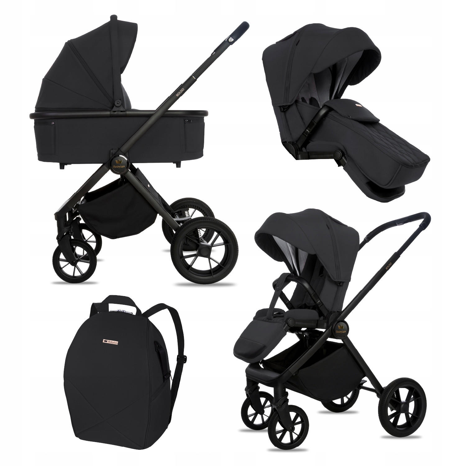 KINDERWAGEN Boldo 2in1 Schwarz Babywanne, Buggy Sportsitz, Faltbar, Wickeltasche - Schwarz, Textil/Metall (58/98cm) - BabyLux