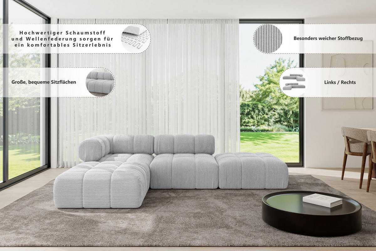 ECKSOFA modulares Sofa Kerru-L1 - 285x190x70 cm Hellgrau Bouclé - Hellgrau, Holzwerkstoff/Textil (285/190cm) - ALTDECOR