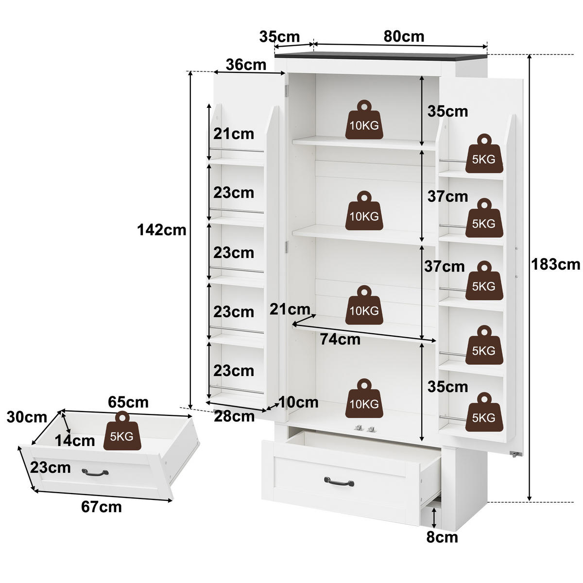 HIGHBOARD DE-38755 80/35/183 cm 2 Türen und 1 Schublade Weiß - Weiß, Holzwerkstoff (80/183/35cm) - ComfortXL