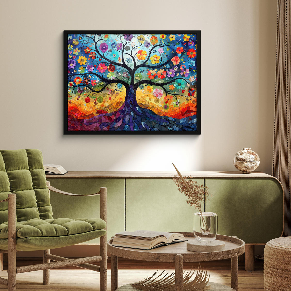 POSTER MIT RAHMEN Kunst - Baum des Lebens - Blumen - Hippie 80x60 cm - Dunkelblau, Papier (80/60cm) - MuchoWow