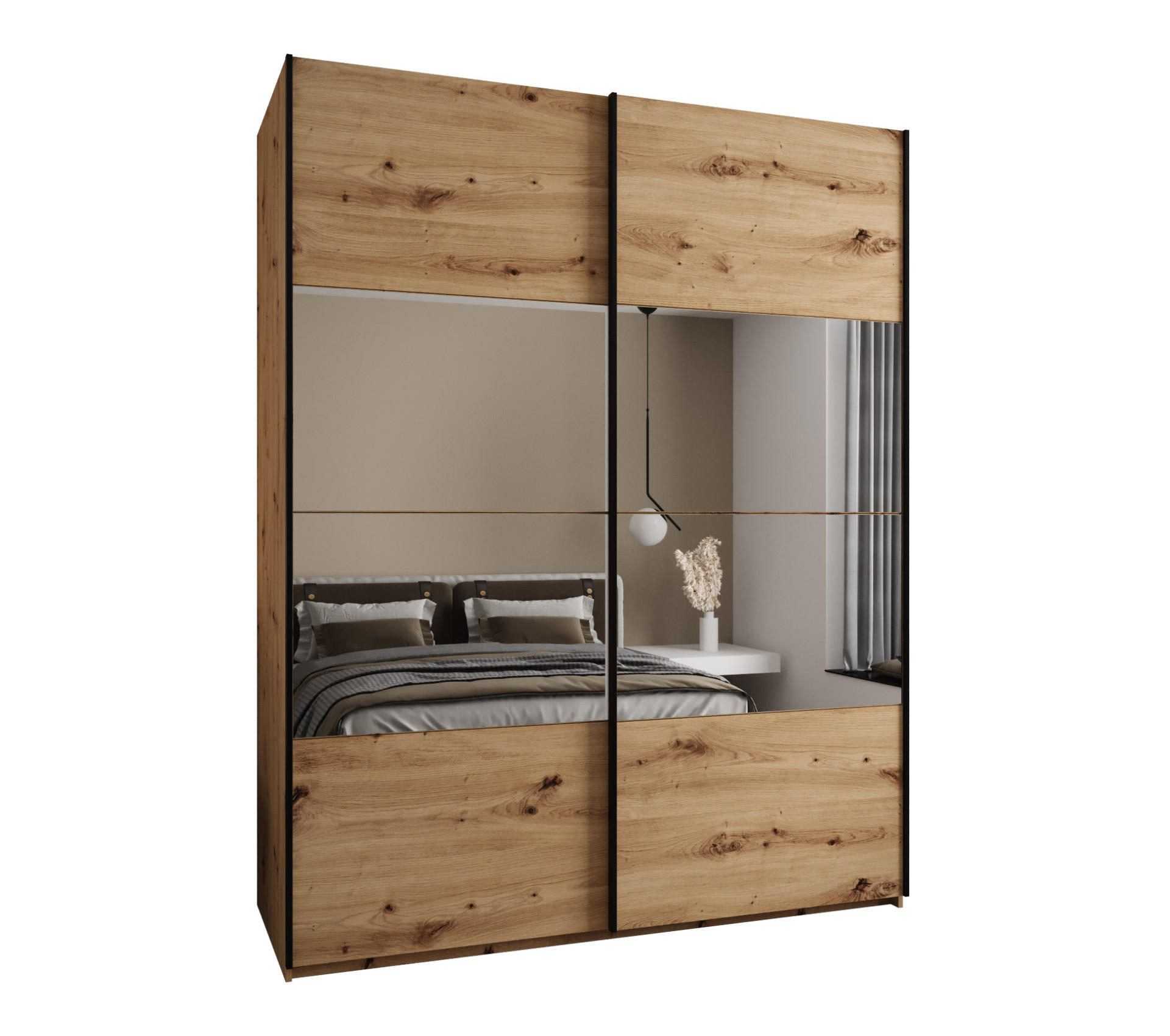 Abiks Möbel SCHWEBETÜRENSCHRANK Eiche Artisan, Eiche Artisan, Schwarz 190cm × 64cm × 245cm