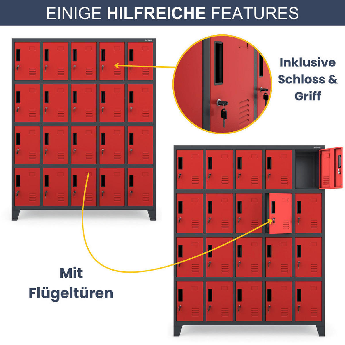 SCHLIESSFACHSCHRANK Spind TAMPA 20 Fächer172x136x45cm Anthrazit-Rot - Anthrazit, Metall (136/172/45cm) - DELUKE