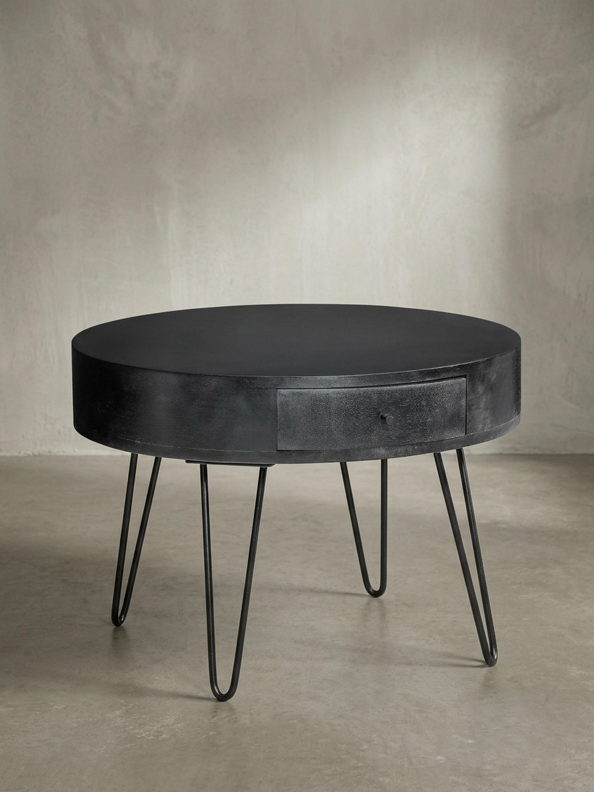 COUCHTISCH Rund Mango Massivholz Metall, 60x60x43 cm, mit Schublade, Stauraum und Haarnadelbeinen - Schwarz, Holz/Metall (60/60/43cm) - KADIMA DESIGN