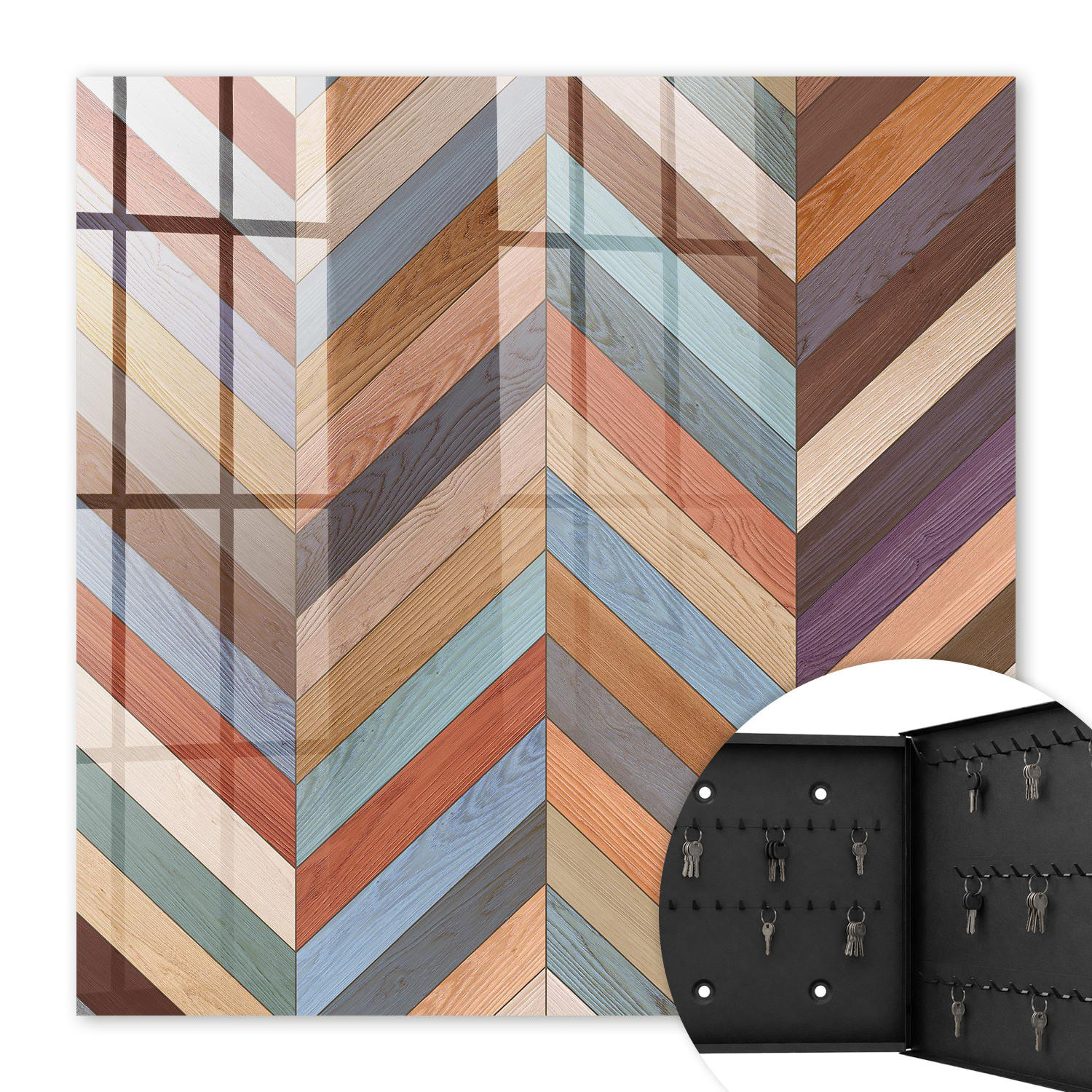 SCHLÜSSELBOX Schwarz 30x30 cm- Türöffnung nach rechts - Fischgrätmuster - Braun, Metall (30/30/5cm) - TULUP