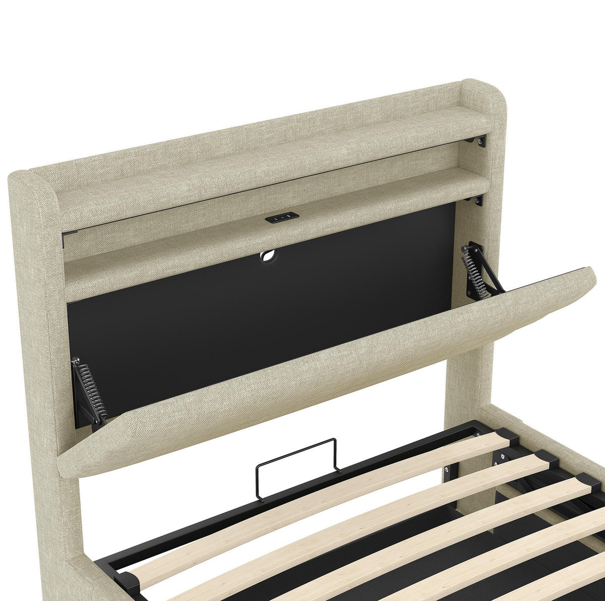 POLSTERBETT 90/200 cm Beige aus Leinen mit LED, USB und Stauraum - Beige, Textil (90/200cm) - OKMYHOME