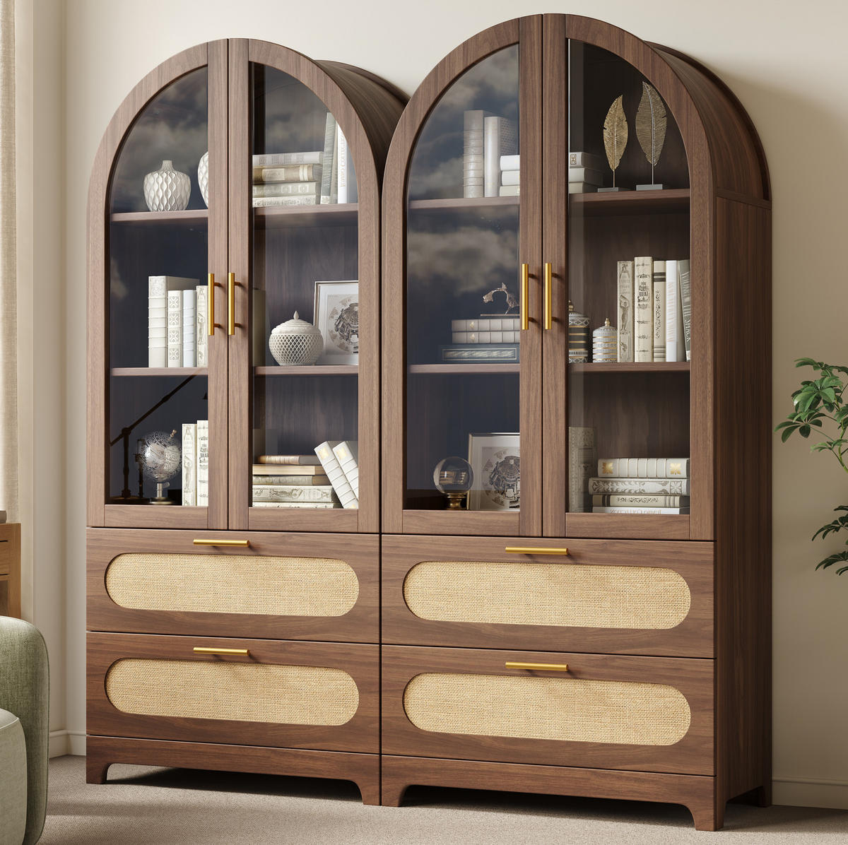 VITRINE mit Glastüren 80 x 40 x 175 cm Holzoptik 2 Schubladen - Braun, Holzwerkstoff (40/175/160cm) - Meubliv