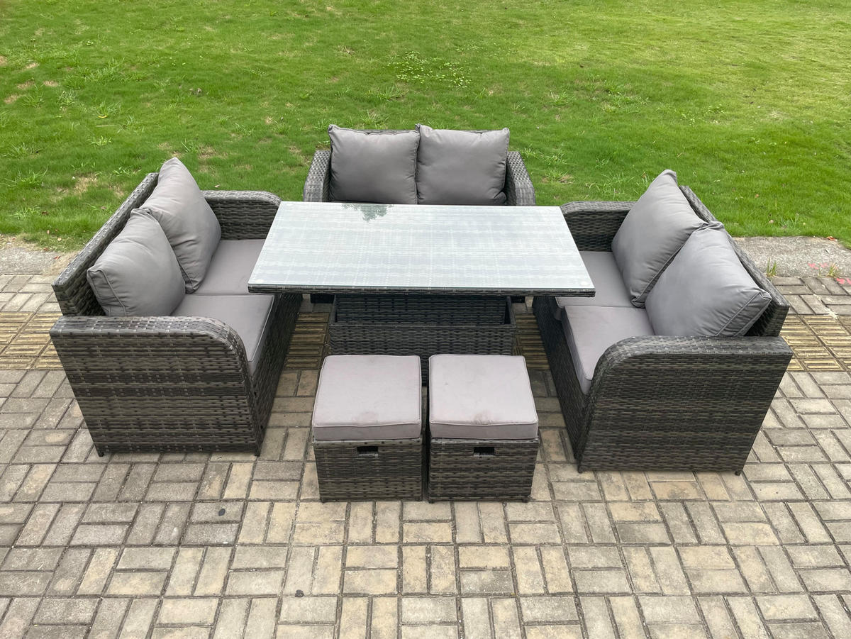 GARTENSOFA SET Polyrattan Dunkelgrau 8-Sitzer - Dunkelgrau, Metall - Fimous