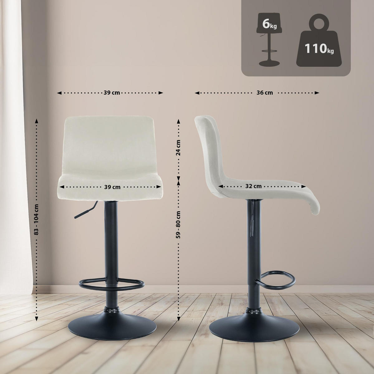 BARHOCKER Samt Creme - Creme, Textil (39/83/36cm) - CLP