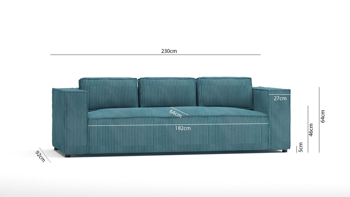 3-SITZER-SOFA Nova Türkis Cord - Türkis/Schwarz, Holz/Kunststoff (230/64/92cm) - S-Style Möbel