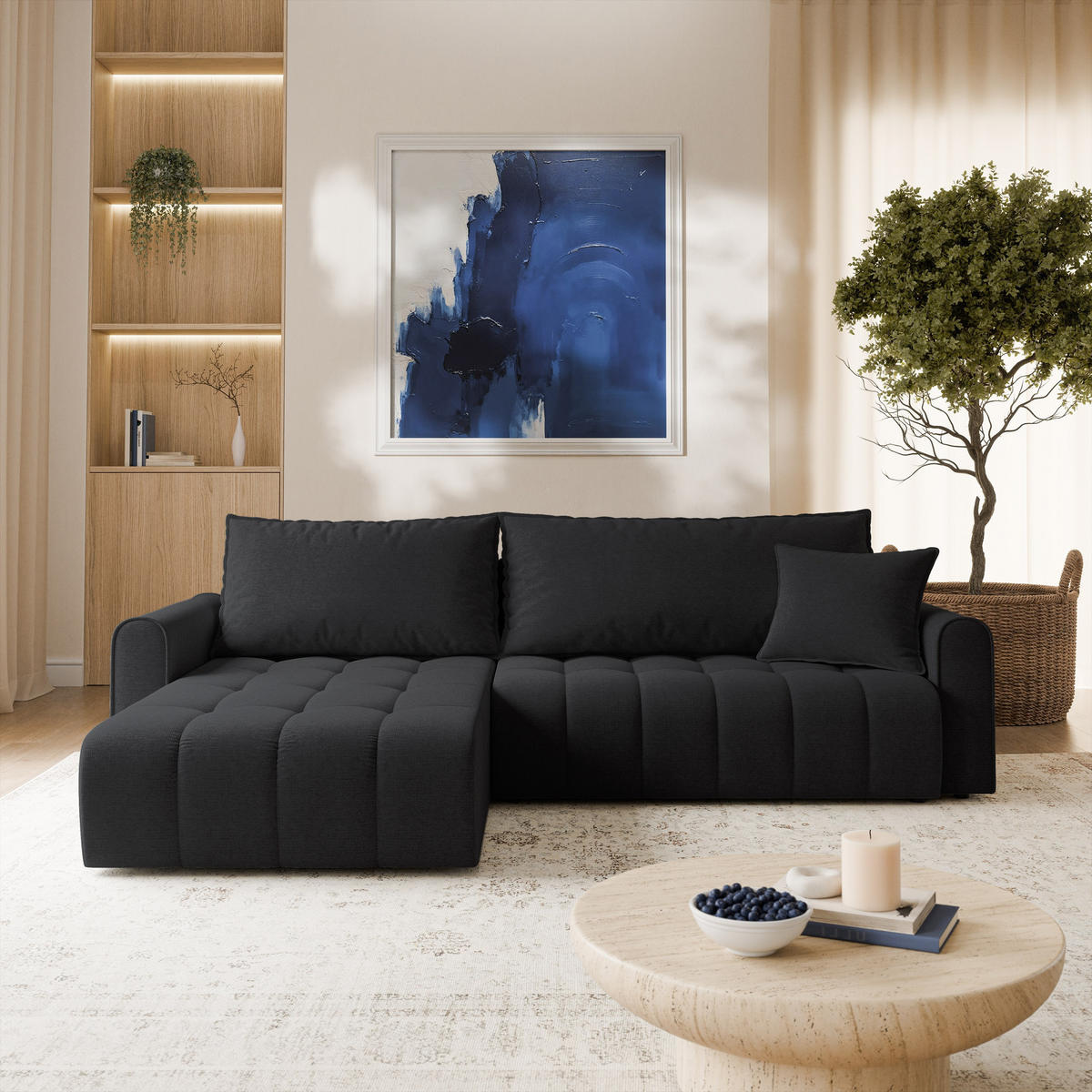 ECKSOFA FRIGA Schwarz Strukturstoff mit Schlaffunktion - Schwarz, Holz (283/185cm) - MASSENO