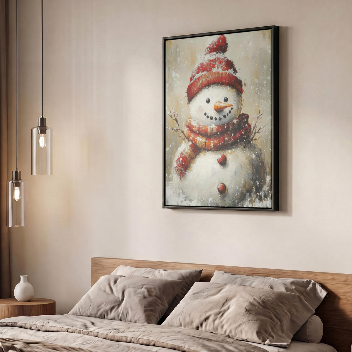 LEINWAND Bilder mit Rahmen - Schneemann - Winter - Schnee - Beige - 60x80 - Weiß, Textil (60/80cm) - MuchoWow