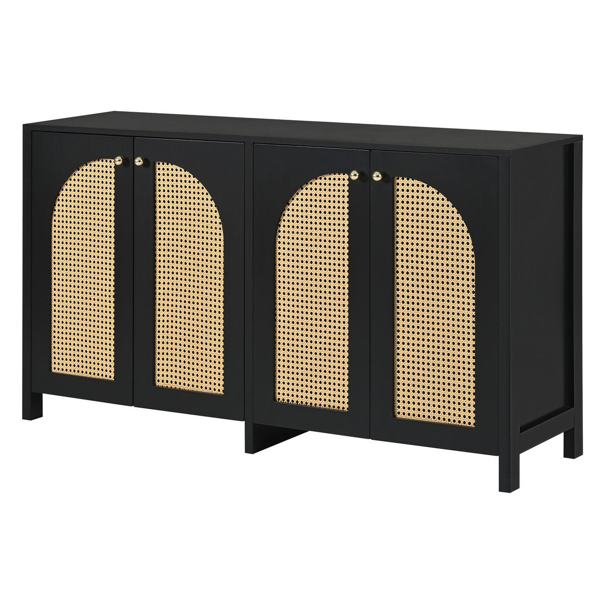 SIDEBOARD mit 4 Rattantüren und Metallgriffen, Schwarz - Schwarz, Holzwerkstoff (145/40/80cm)