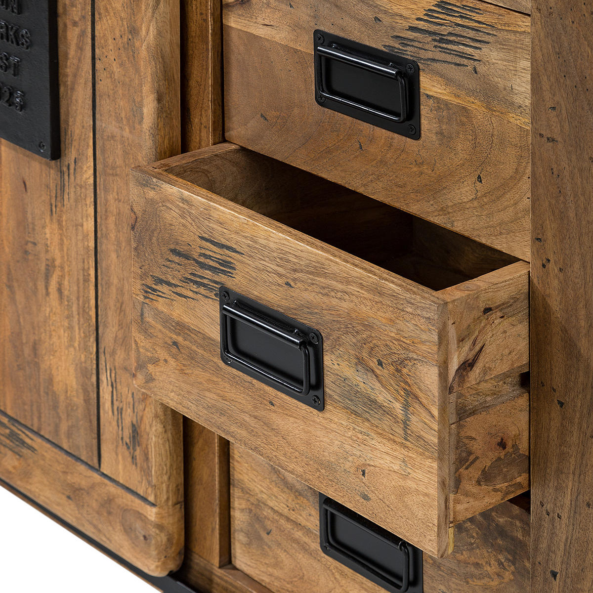 KOMMODE - Mango massiv / Eisen - Mango / Schwarz - Braun, Holz/Metall (90/100/45cm) - home24