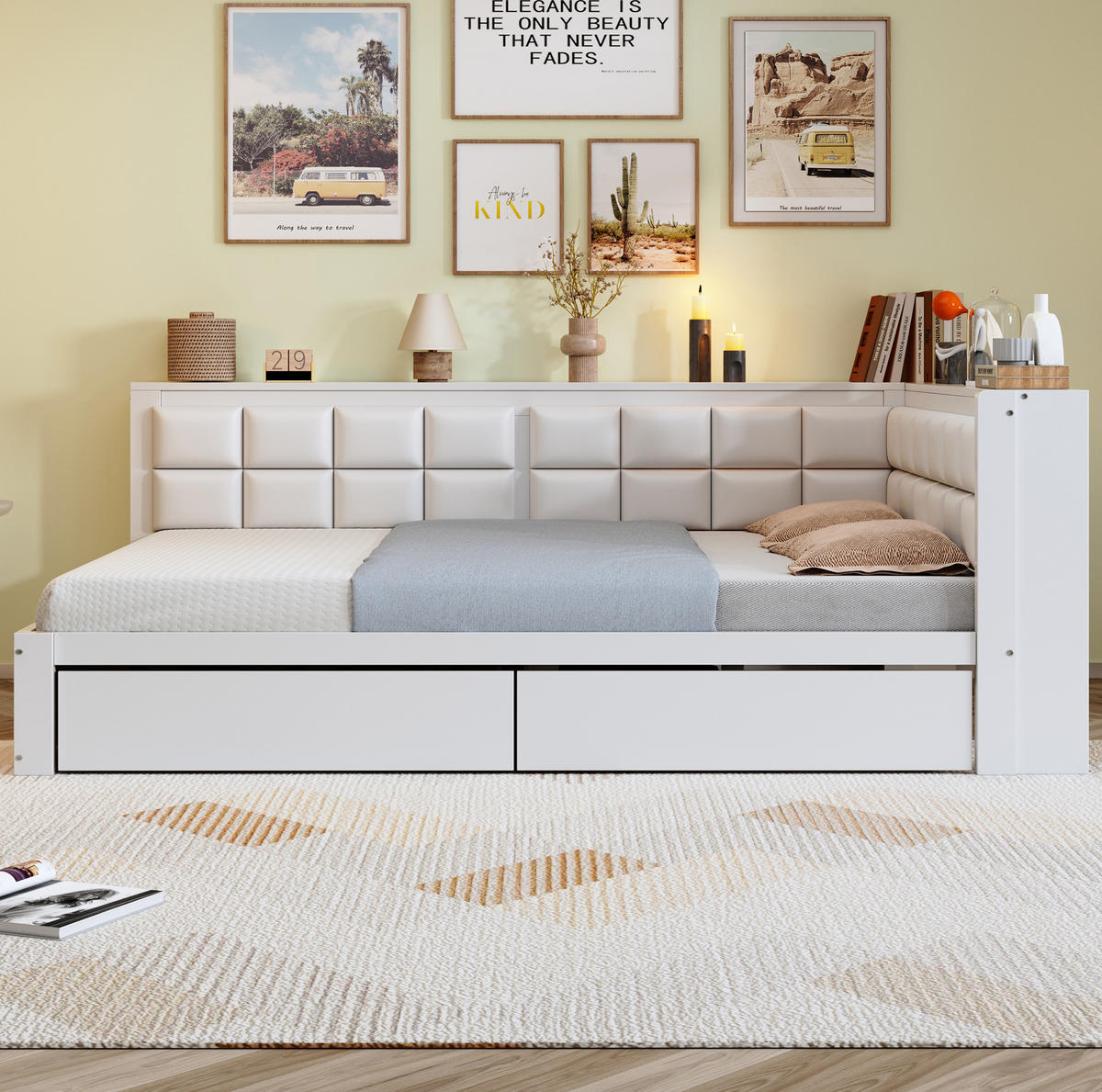 BETT 140/200 cm aus Kiefernholz mit weicher Rückenlehne und Stauraumschubladen in Weiß - Weiß, Holz (140/200cm) - OKWISH