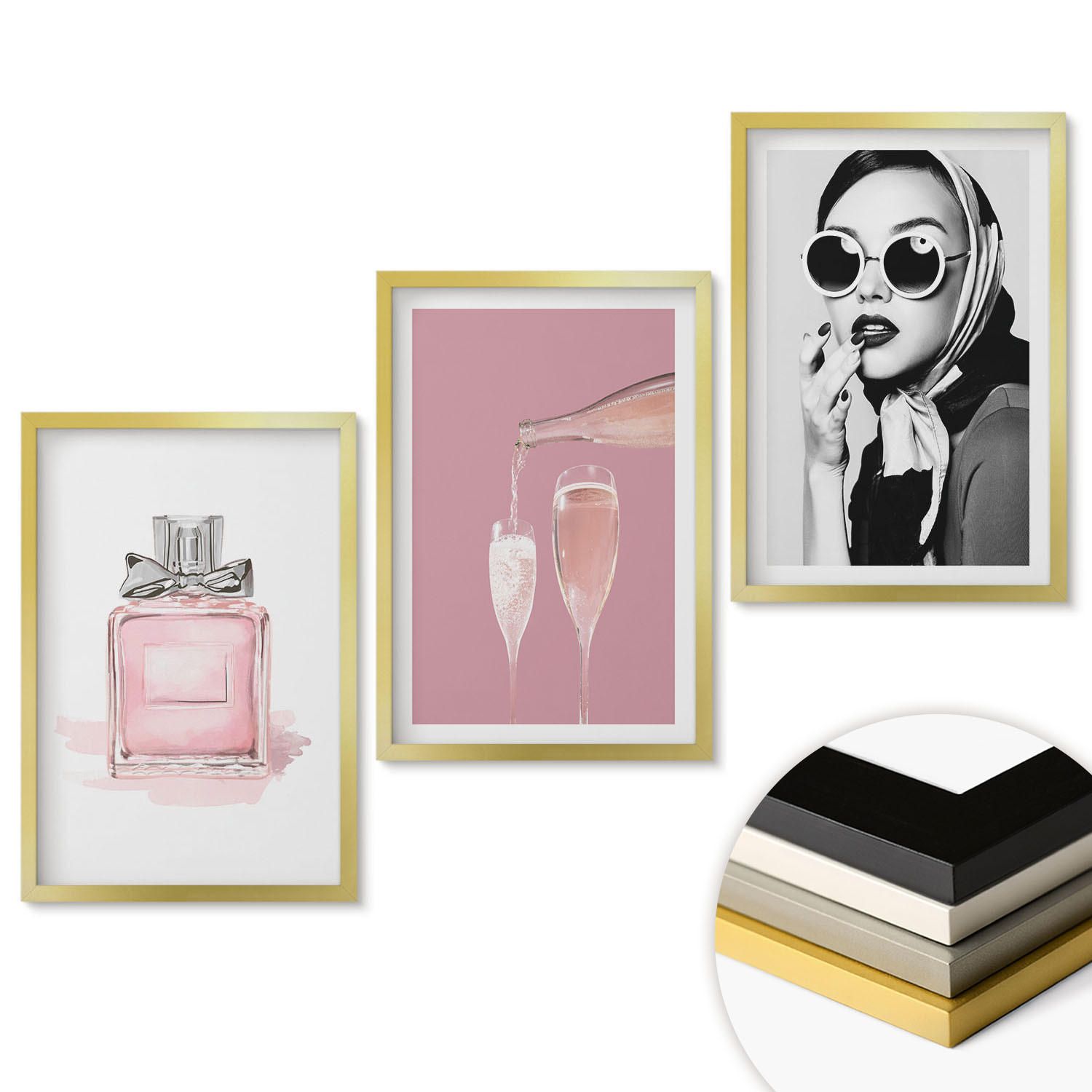 WANDBILDER 3er Set - 40x60 cm Goldrahmen - Stilvolle pinkfarbene Accessoires - Goldfarben, Kunststoff (40/60cm) - ArtPrintCave