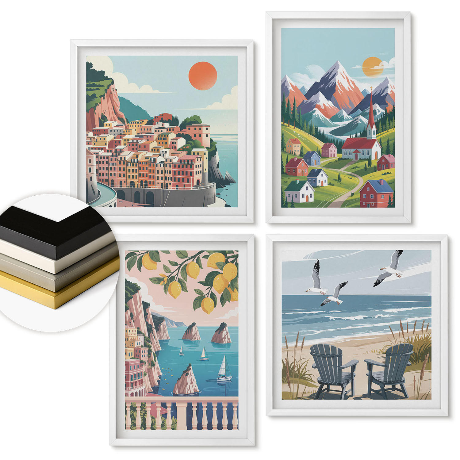 WANDBILDER 4er-Set - 50x50 cm & 40x60 cm Weißer Rahmen - Farbenfrohe Berge und Küstenstädte - Weiß, Kunststoff (50/50cm) - ArtPrintCave