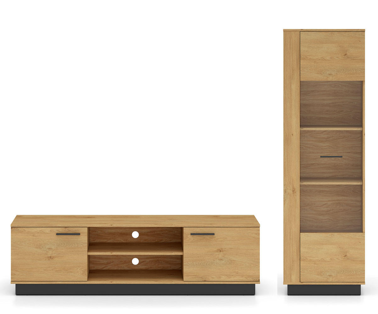 WOHNZIMMER-SET Modesto Eiche Style hell / schwarz 2-teilig - Hellbraun/Eichefarben, Holz/Holzwerkstoff (230/196/40cm) - Feldmann-Wohnen