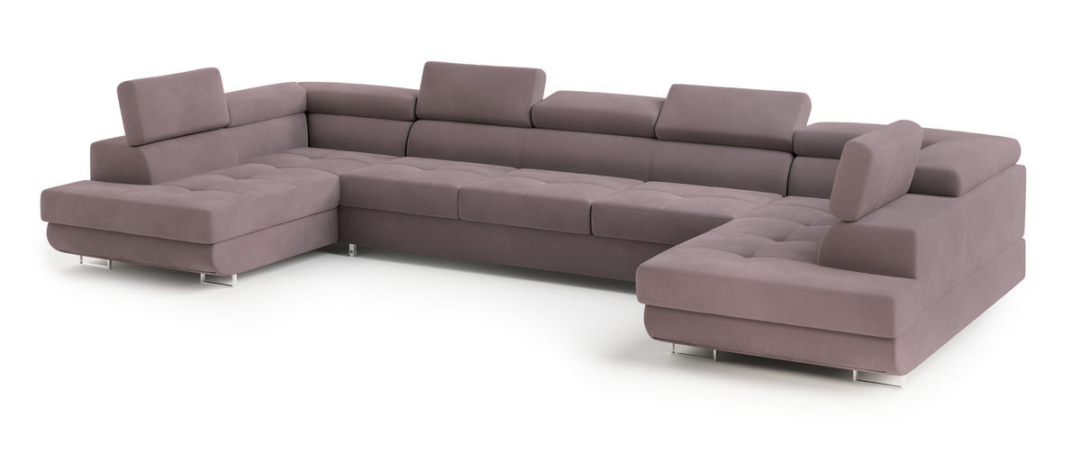 WOHNLANDSCHAFT ISOLANO Lila Velours-Stoff mit Schlaffunktion - Lila, Holz (408/90/202cm) - MASSENO