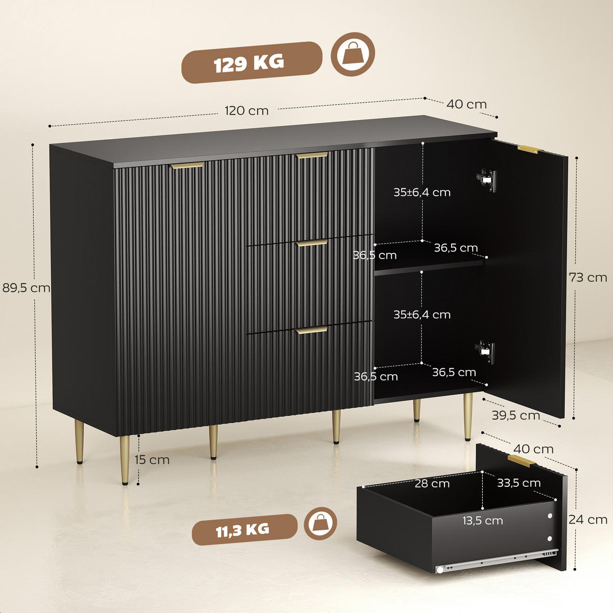 SIDEBOARD DE-11216 3 Schubladen Schwarz - Schwarz, Holzwerkstoff (120/89.5/40cm) - ComfortXL