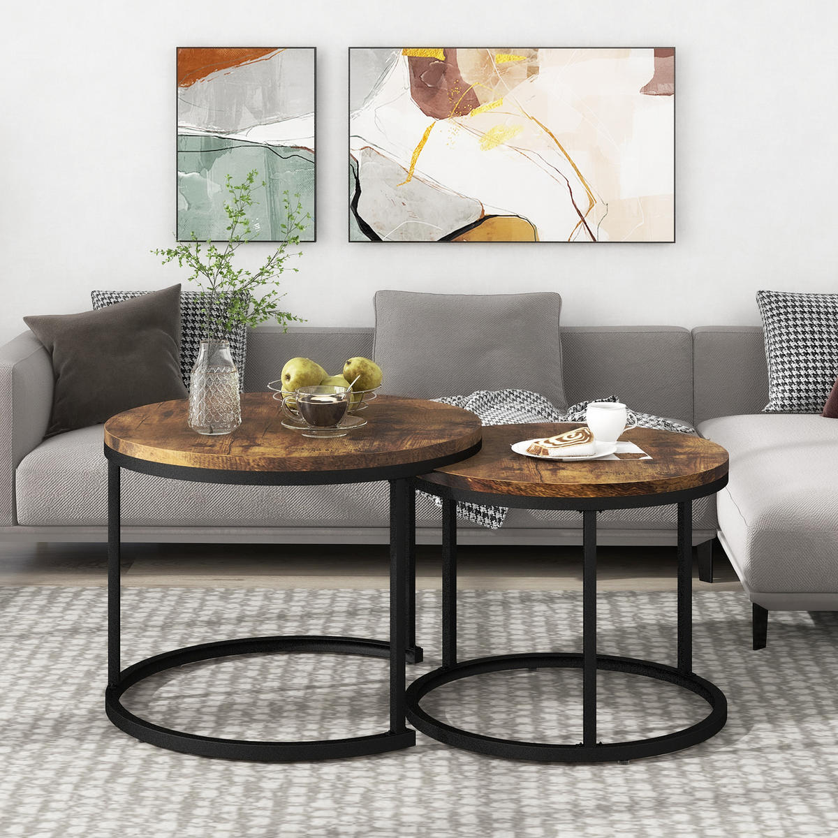 COUCHTISCH 2er Set rund braun 50/70,5 cm und 45,5/44 cm - Braun, Holzwerkstoff (70.5/70.5/50cm) - OKWISH