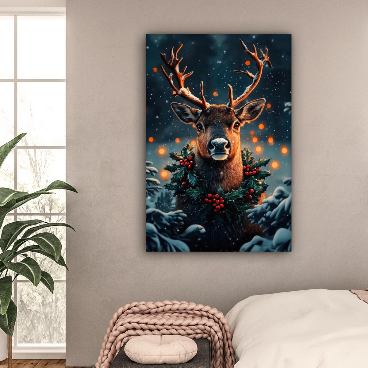 LEINWANDBILD Hirsch - Weihnachten - Winter - Schnee - Weihnachtskranz 90x140 cm - Dunkelbraun, Textil (90/140cm) - MuchoWow