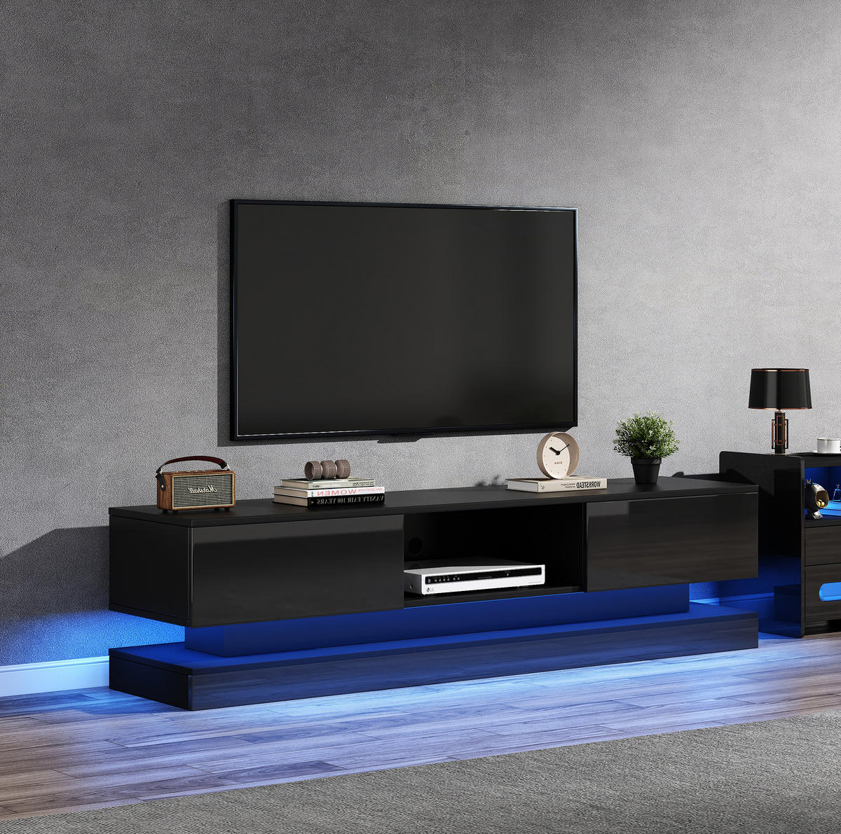 LOWBOARD 160/35/40.5 cm Schwarz aus Spanplatte mit LED-Beleuchtung und 2 Schubladen - Schwarz, Holzwerkstoff (35/40.5/160cm) - OKMYHOME