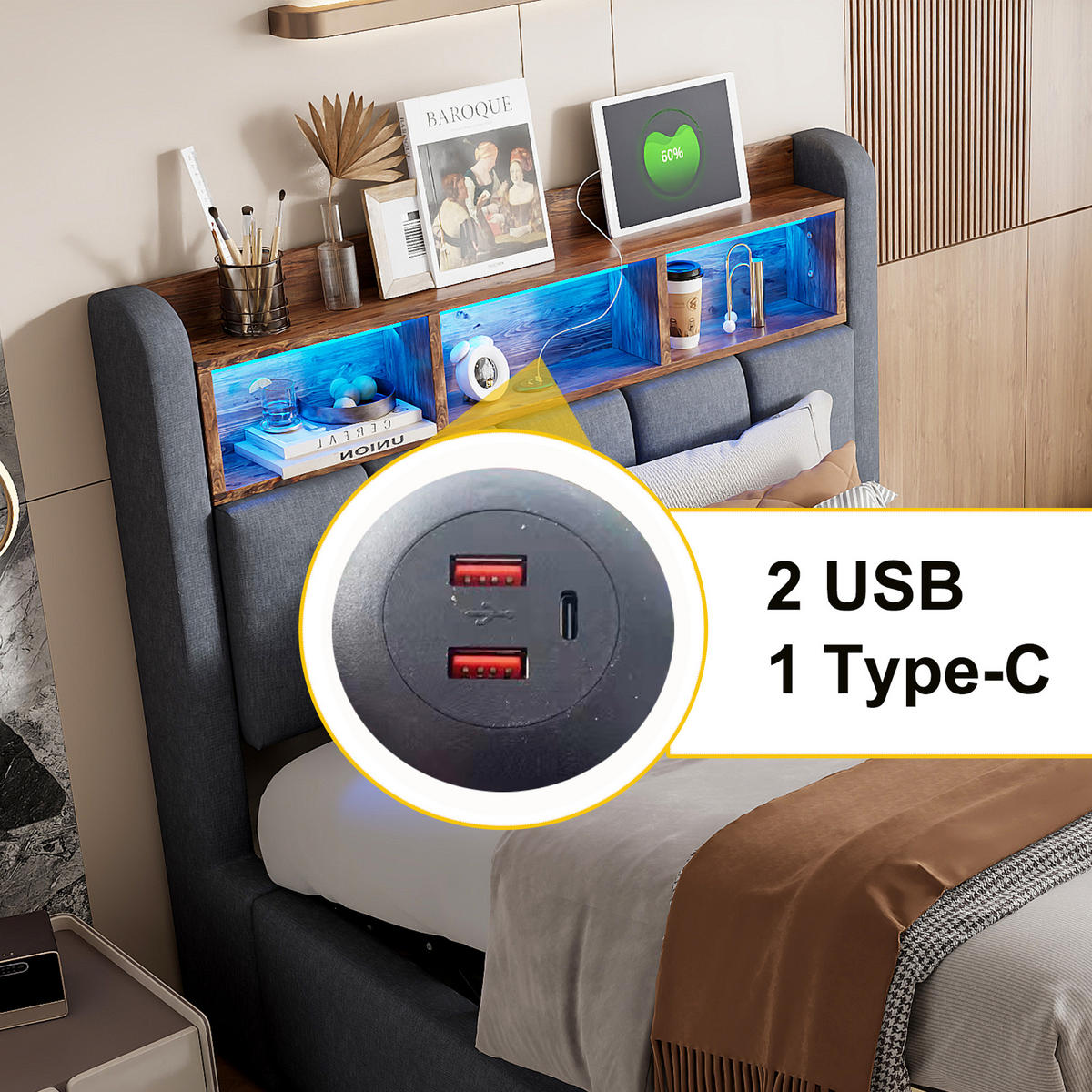 POLSTERBETT 90/200 cm Grau mit LED-Beleuchtung und USB-Anschluss aus Leinenstoff - Grau, Textil (90/200cm) - OKWISH