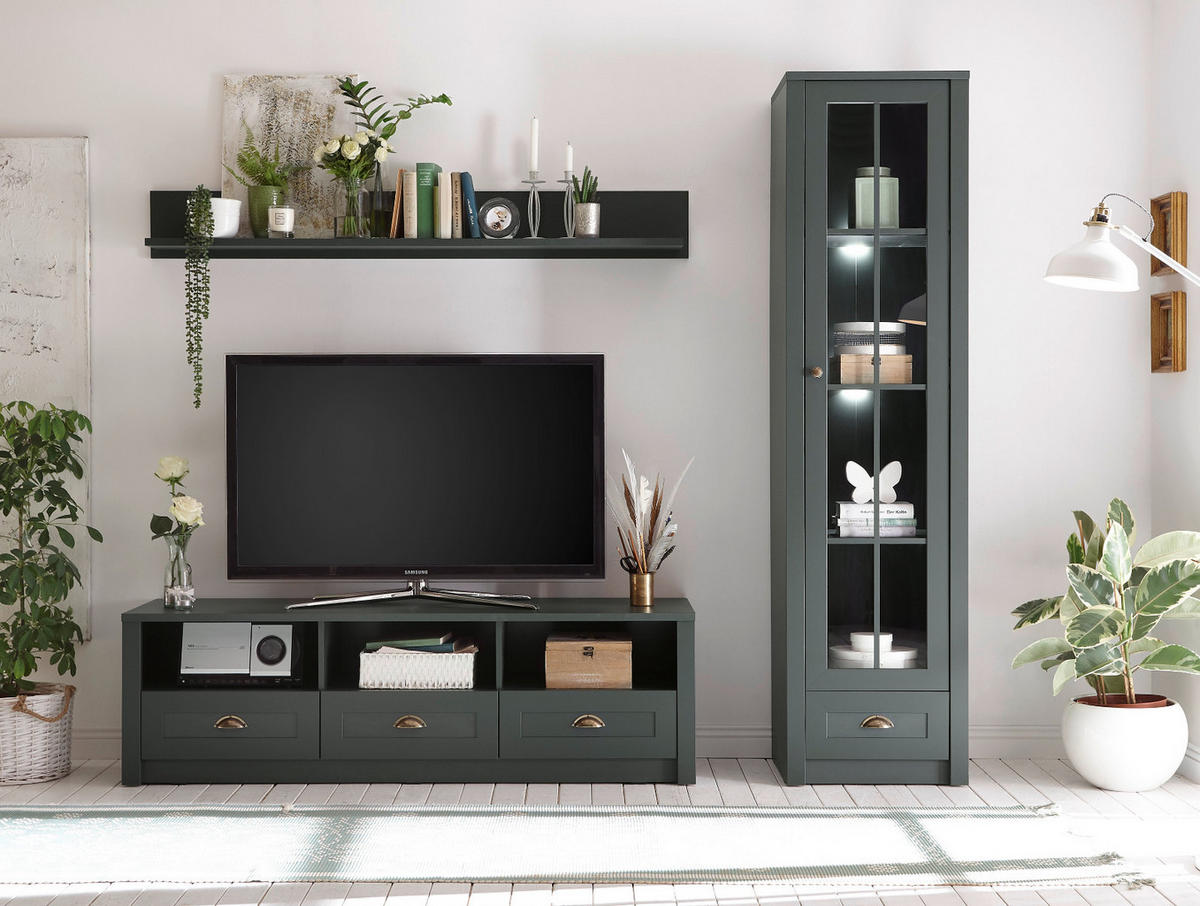 WOHNWAND grün 3-teilig 230 cm, Wohnkombination im Landhaus-Stil - Chromfarben/Schwarz, Glas/Holzwerkstoff (230/198/43cm) - Furn.Design