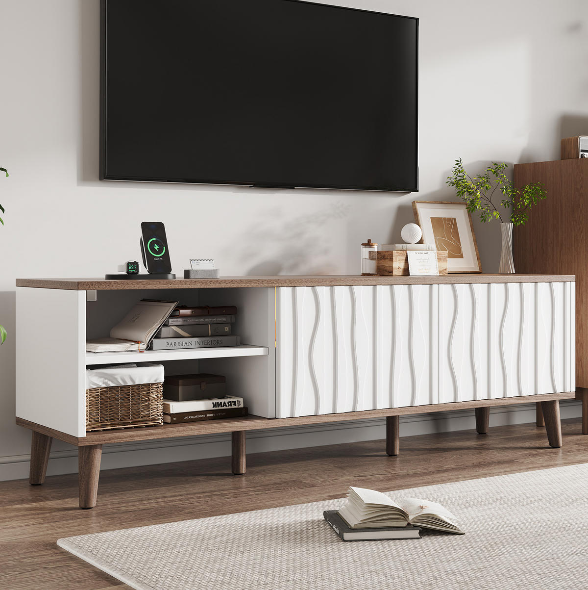 TV-ELEMENT mit LED-Beleuchtung 160 x 40 x 52 cm Weiß Deep Walnut - Weiß, Holzwerkstoff (40/52/160cm) - Beauniv
