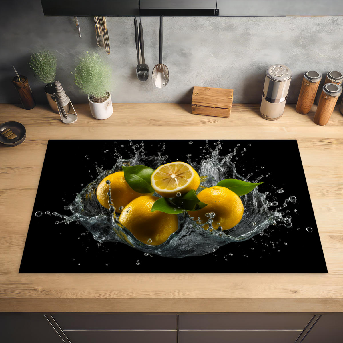 HERABDECKPLATTE - Zitrone - Obst - Gelb - Schwarz - 85x50 - Gelb, Kunststoff (85/50/0.2cm) - MuchoWow