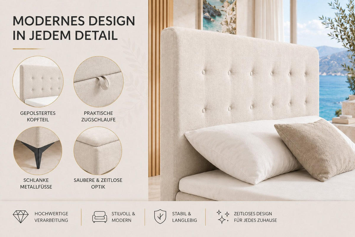 BOXBETT K15 Single SLIM mit Bettkasten & Bonell-Federkern inkl. Topper - Beige, Holz/Textil (200/90cm) - Best For Home