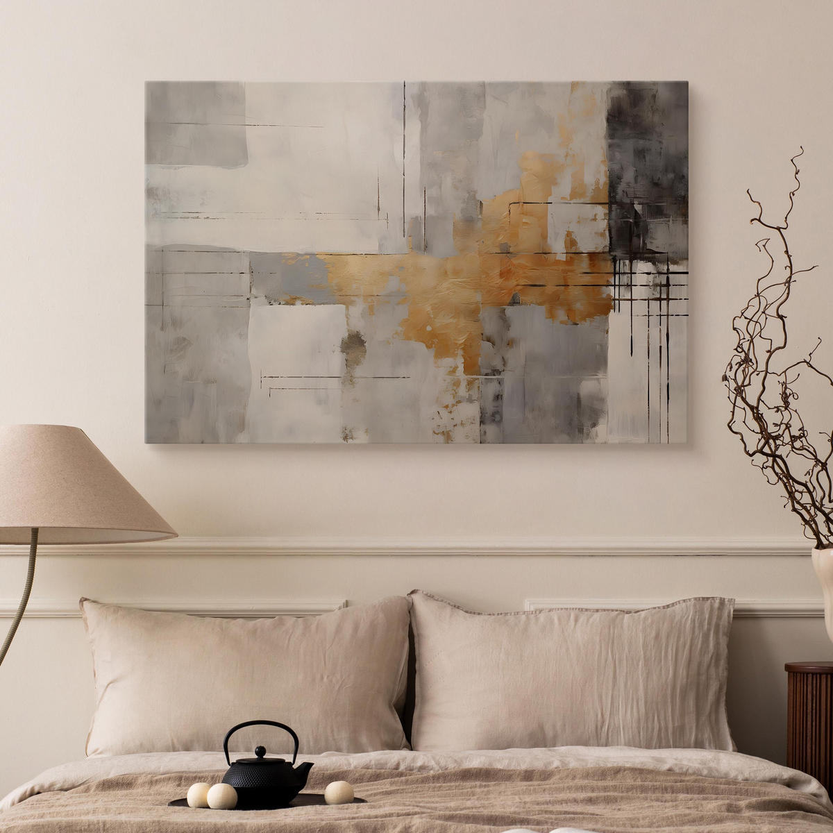 LEINWANDBILD Abstraktion Moderne Kunst 120x80 - Beige/Schwarz, Textil (120/80cm) - Muralo