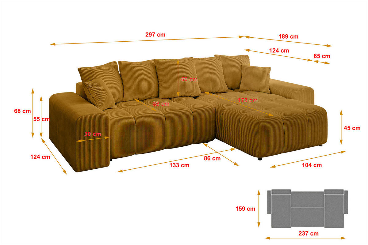 ECKSOFA Ottomane rechts ENIL-L 297x189x68 Senfgelb Cord - Currygelb, Holzwerkstoff/Kunststoff (189/297cm) - ALTDECOR