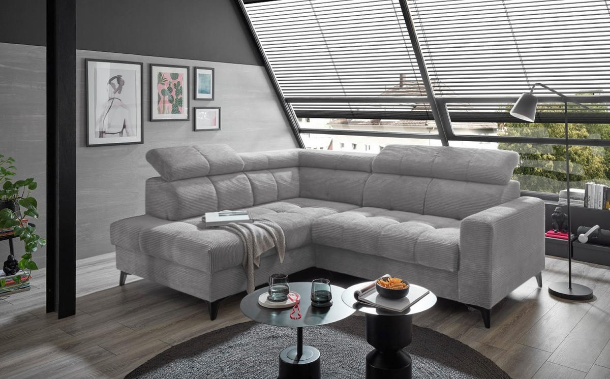ECKSOFA mit elektronische Sitztiefenverstellung, USB-Anschluss und stilvollem Breitcord-Bezug - Hellgrau, Textil (243/200cm) - ed exciting design