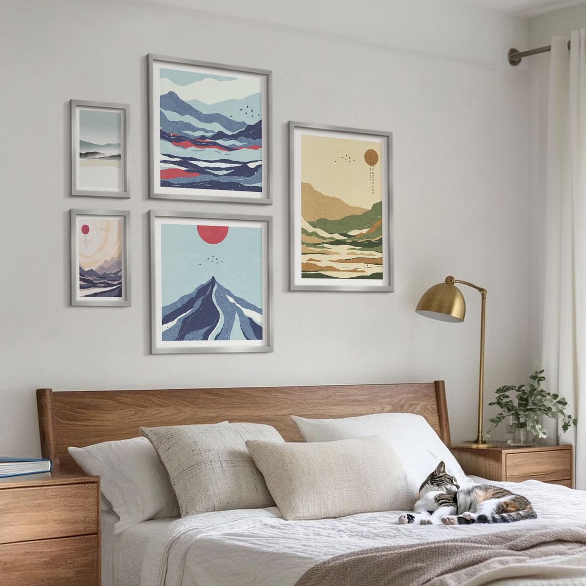 WANDBILDER 5er Set - 50x50 cm & 20x30 cm & 40x60 cm Silberner Rahmen - Berge minimalistische Pastellfarben - Silberfarben, Kunststoff (40/60cm) - ArtPrintCave