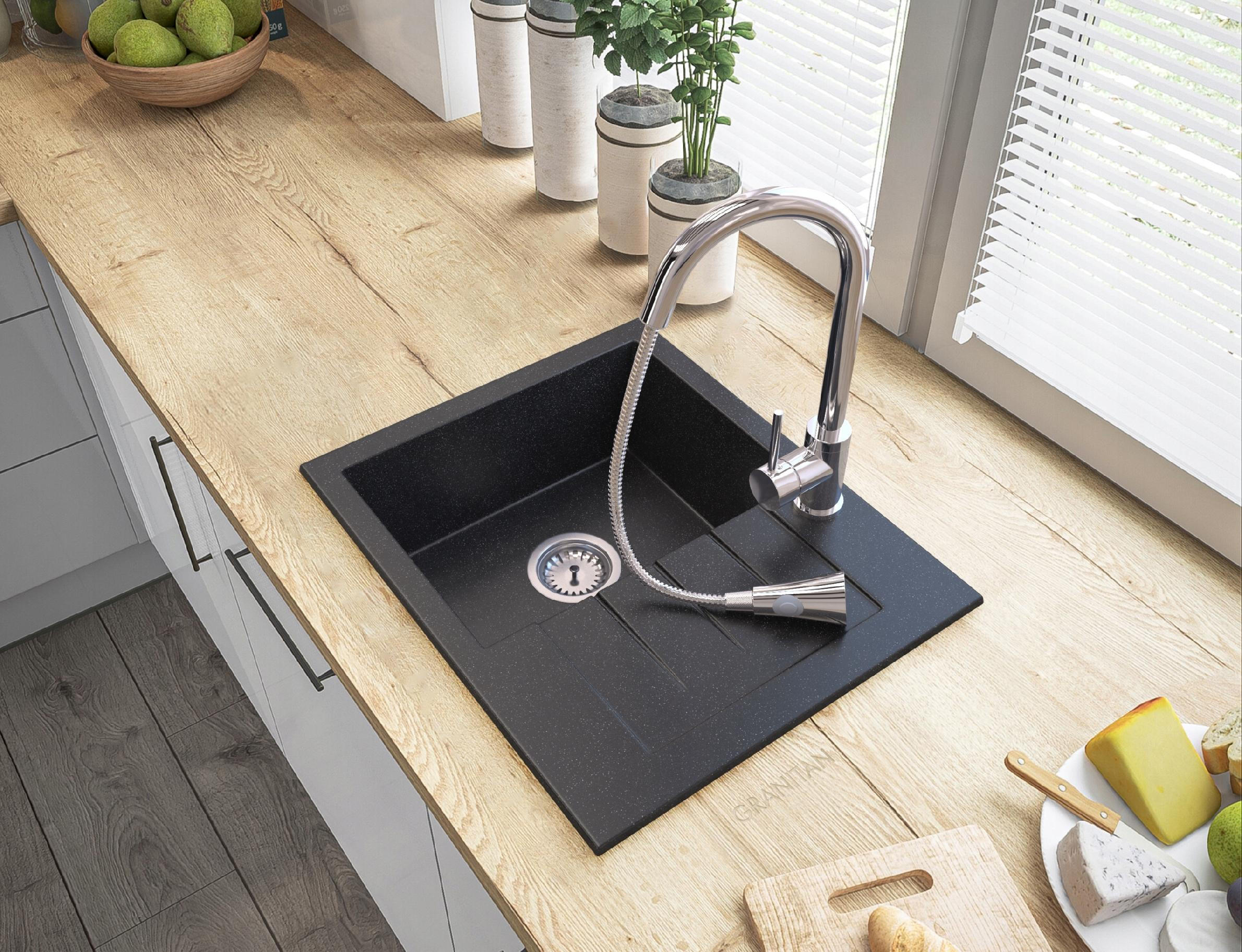SPÜLBECKEN MILANO mit Batterie Siphon - Schwarz, Kunststoff/Stein (46/16/57cm) - Granitan
