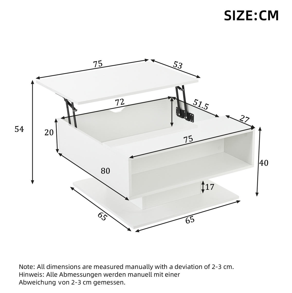 COUCHTISCH aus Spanplatte 80x75x40 cm Weiß mit Hubfunktion, LED-Beleuchtung und Stauraum - Weiß, Holzwerkstoff (75/80/40cm) - IVMEU