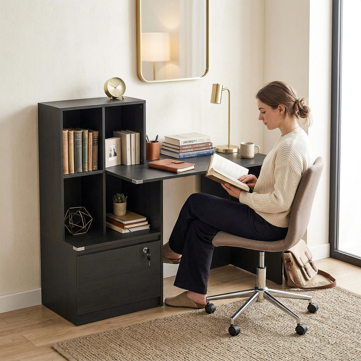 SCHREIBTISCH Schwarz mit abschließbarer Schublade und Regal 126/50/109 cm - Schwarz, Holzwerkstoff (50/126/109cm) - PANGIVO
