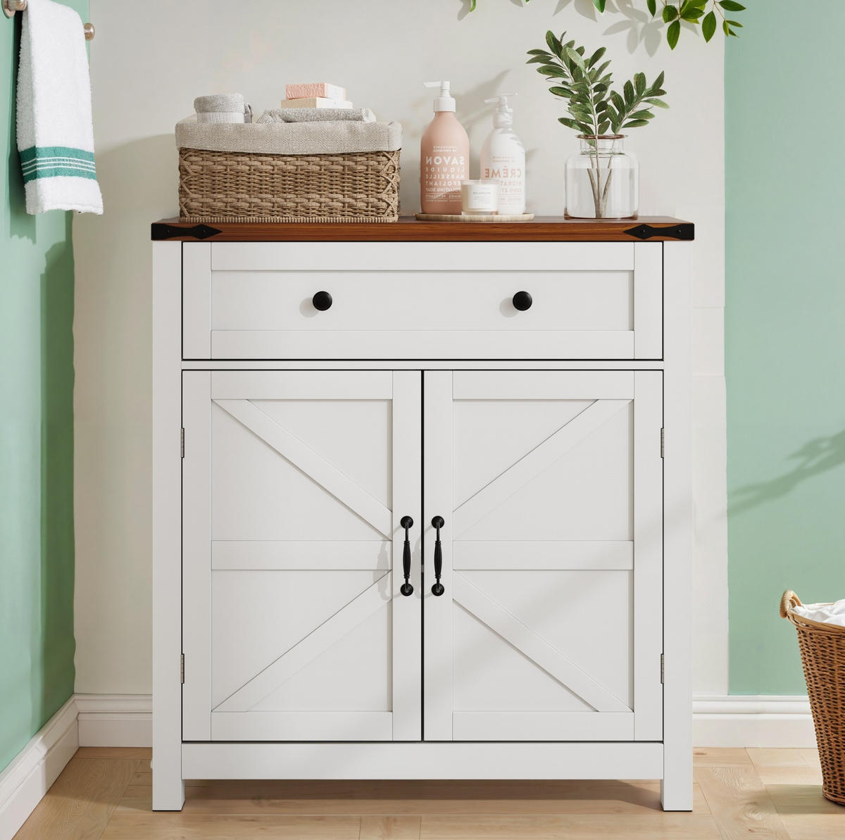 SIDEBOARD 76/30/83 cm mit Schublade, verstellbarem Einlegeboden und Scheunentüren im Landhausstil, Weiß - Weiß, Holzwerkstoff (76/83/30cm) - Redom