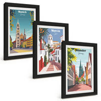 BILDER SET 3er Set - 20x30 cm Schwarzer Rahmen - Europäische Städte in farbigen Zeichnungen - Schwarz, Kunststoff (20/30cm) - TULUP