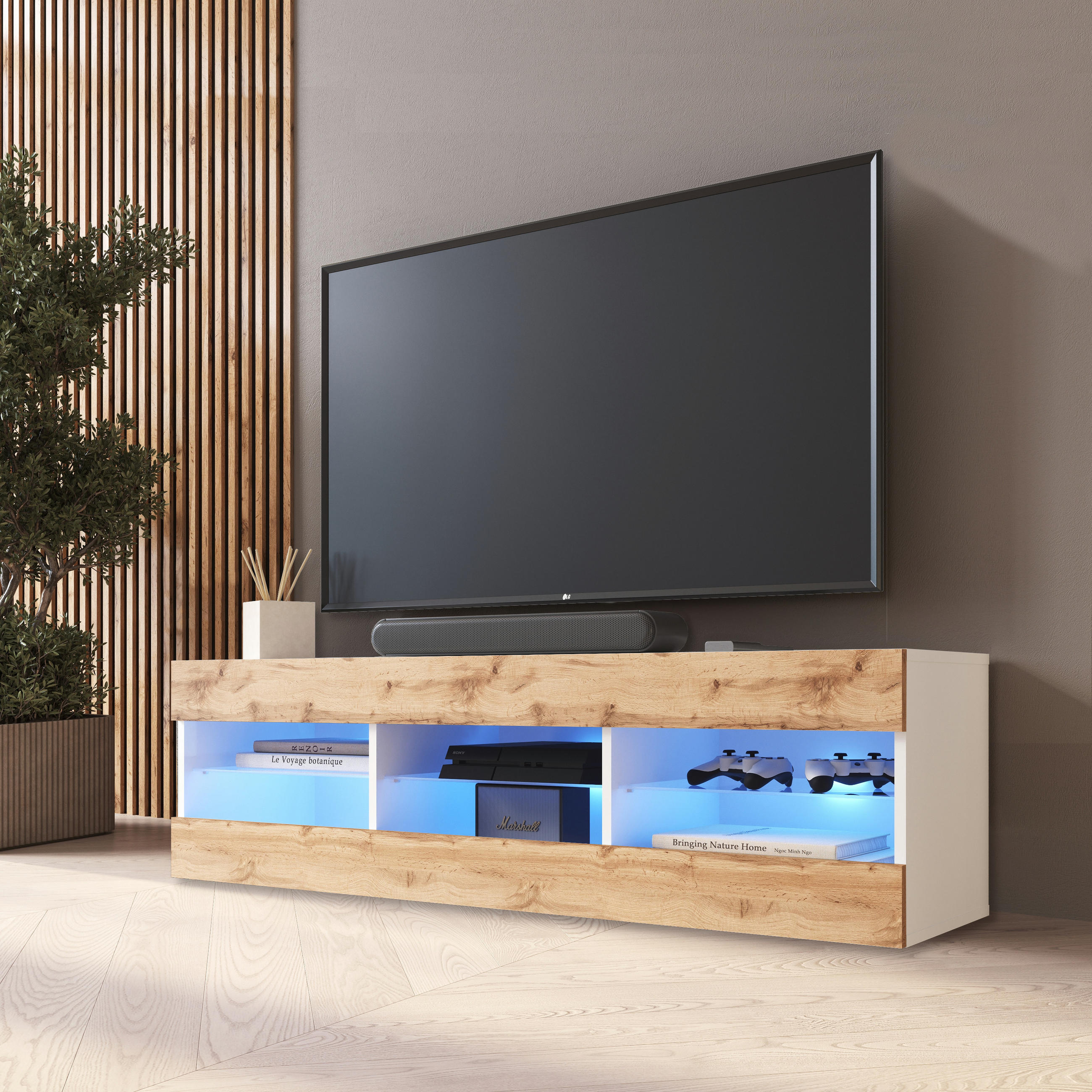 LOWBOARD TIVOLI RTV 140, Wotan, LED Blau - Eiche Wotan/Weiß, Glas/Holzwerkstoff (140/40.5/35.5cm) - Komodee