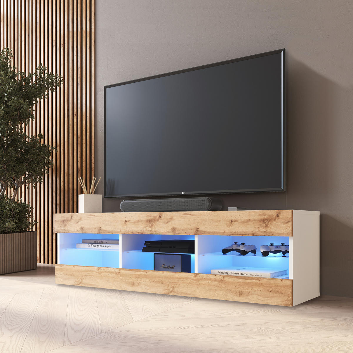 LOWBOARD TIVOLI RTV 140, Wotan, LED Blau - Eiche Wotan/Weiß, Glas/Holzwerkstoff (140/40.5/35.5cm) - Komodee