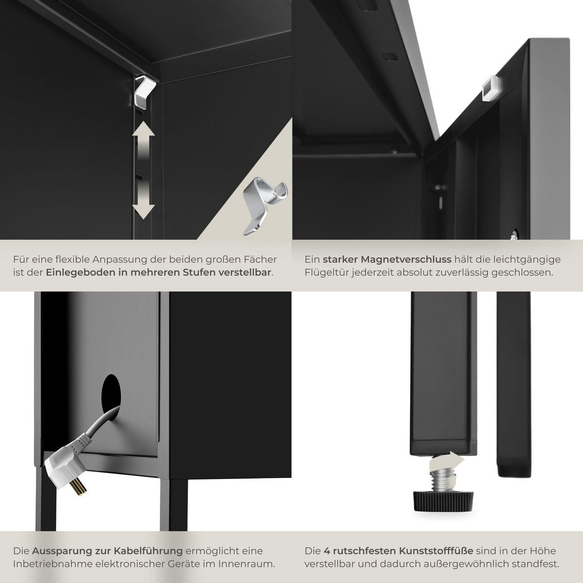 NACHTSCHRANK Baker, Kippschutz, höhenverstellbare Füße, schwarz - Schwarz, Metall (35/60.5/42.5cm) - tectake